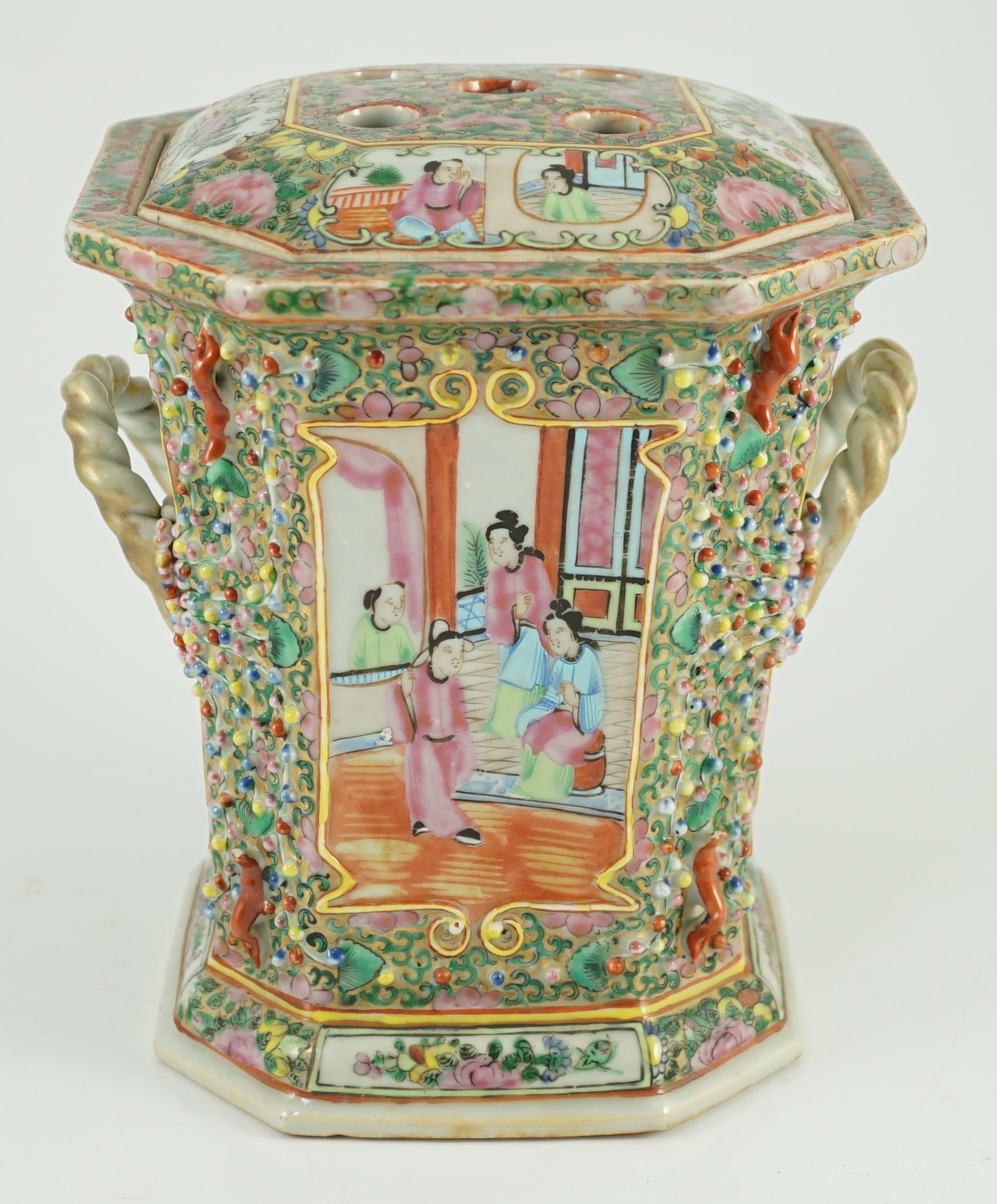 A Chinese Canton (Guangzhou) famille rose decorated bough pot and cover, c.1830, 22cm high, wear to gilding